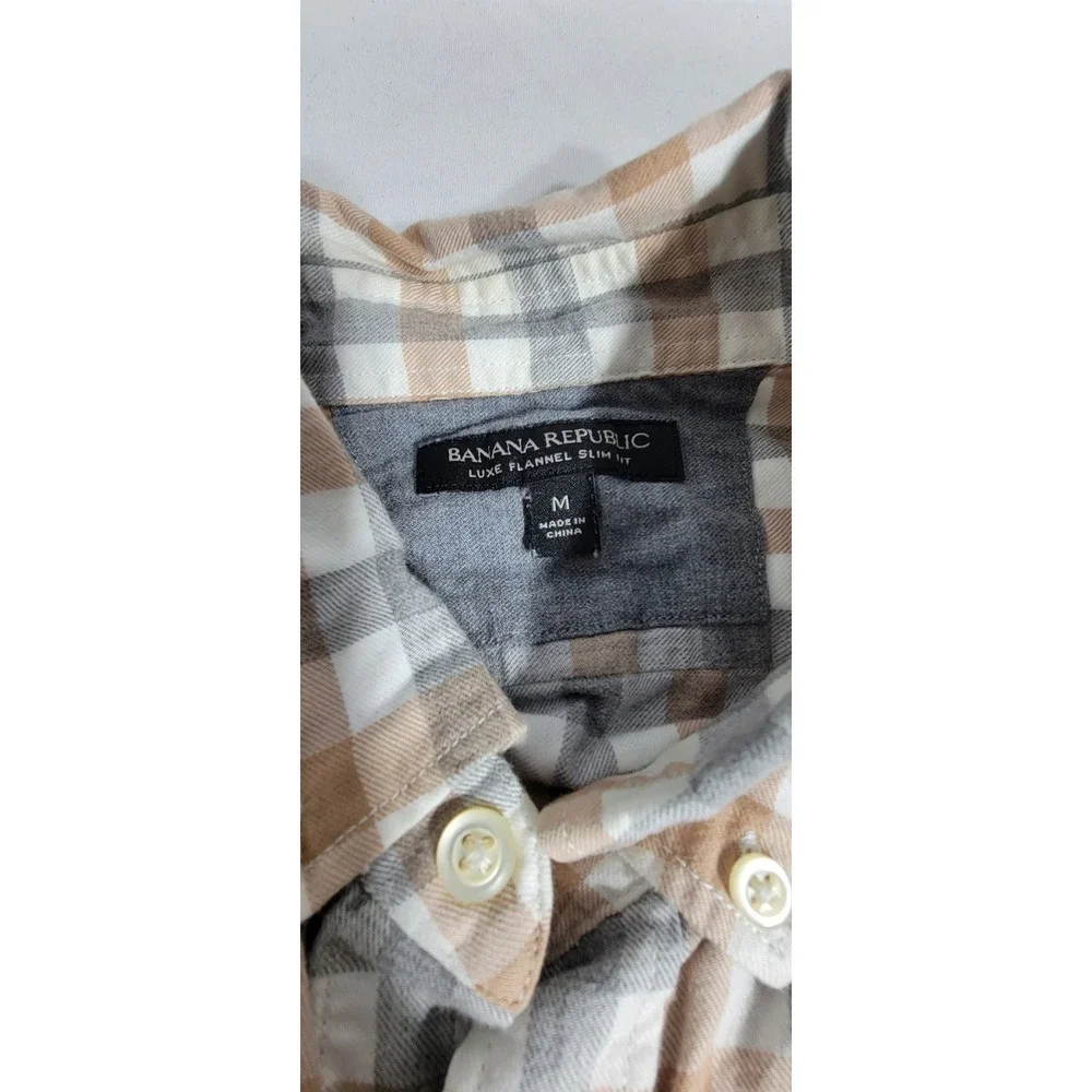 Banana Republic Luxe Flannel Slim Fit Shirt Mens Medium Tan Grey‎ Plaid Cotton
